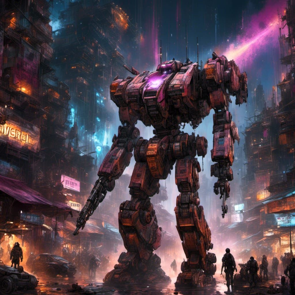 Giant Mech Guarding Neon City Under Starry Sky