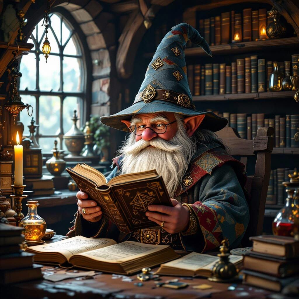 Gnome Studies Ancient Tome in Cozy Workshop