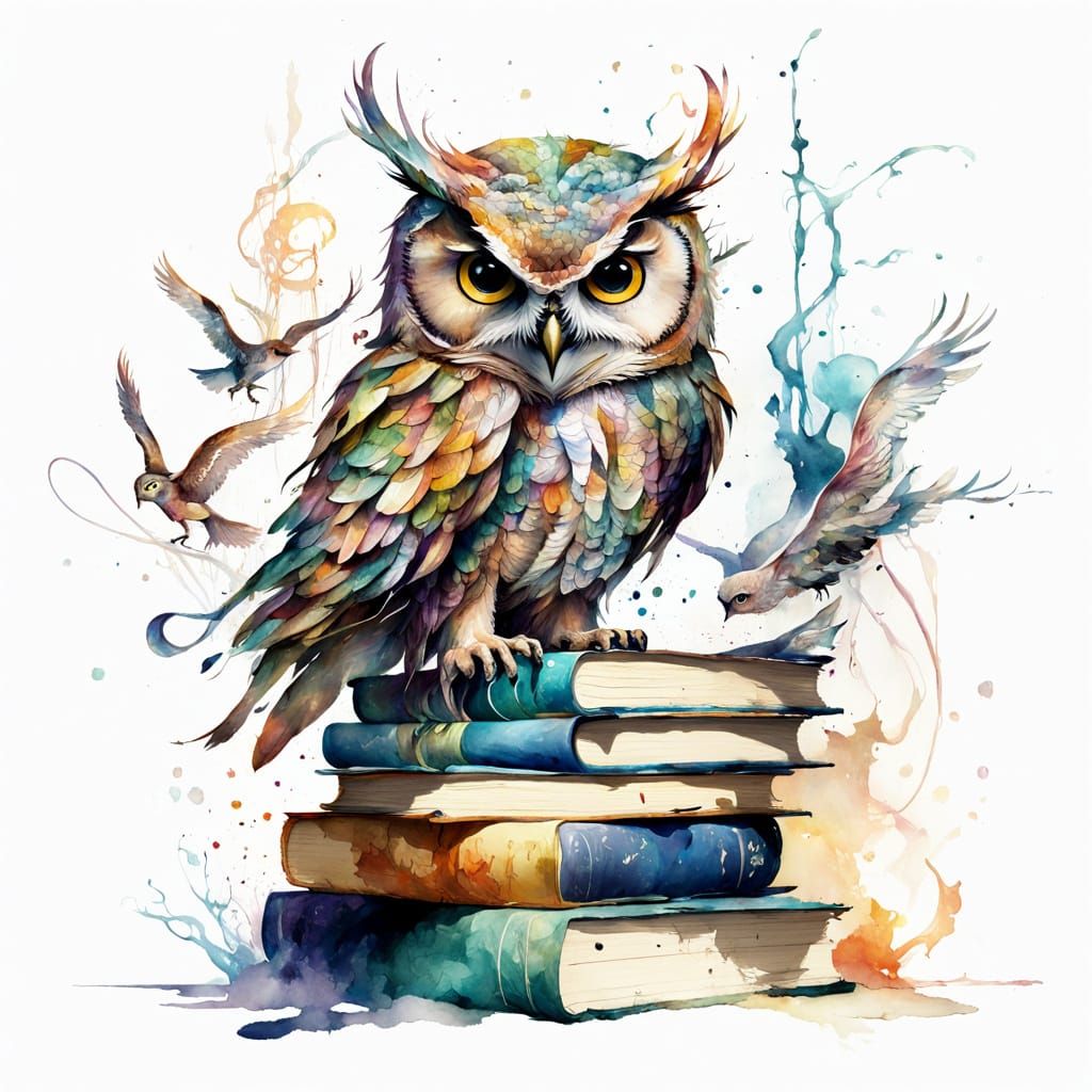 Whimsical Owl Emerges from a Pile of Books in a Dreamlike Wa...