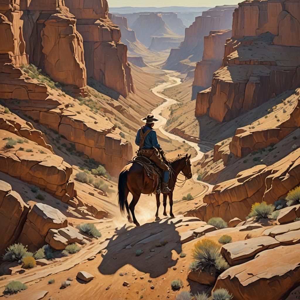 Cowboy in Canyon: Wild West Oil Painting