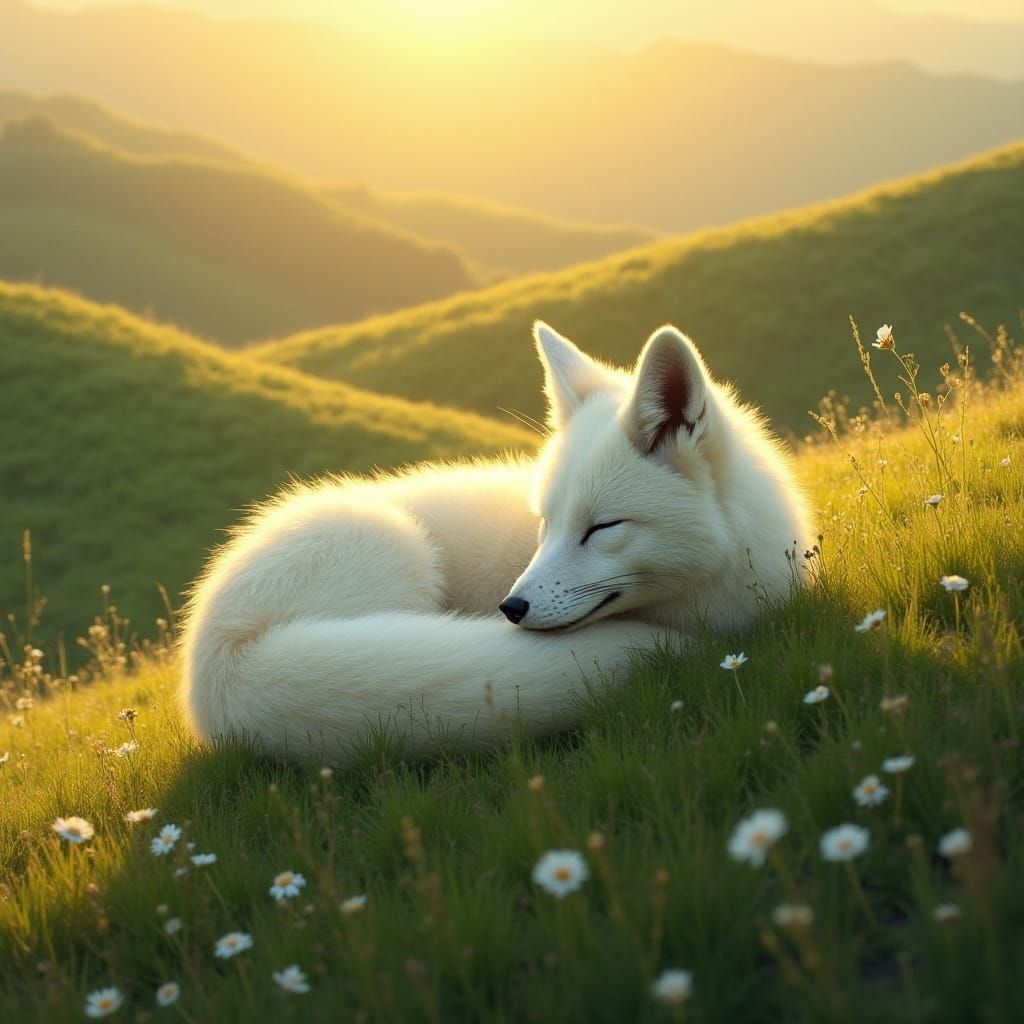 Sleeping Arctic Fox on Emerald Hillside