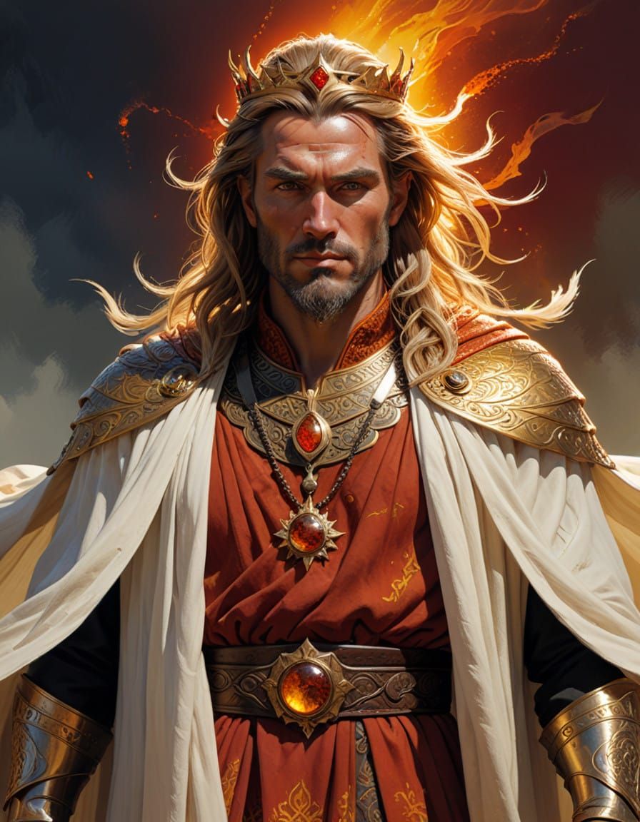 Regal King in Golden Robe with Solar Flares