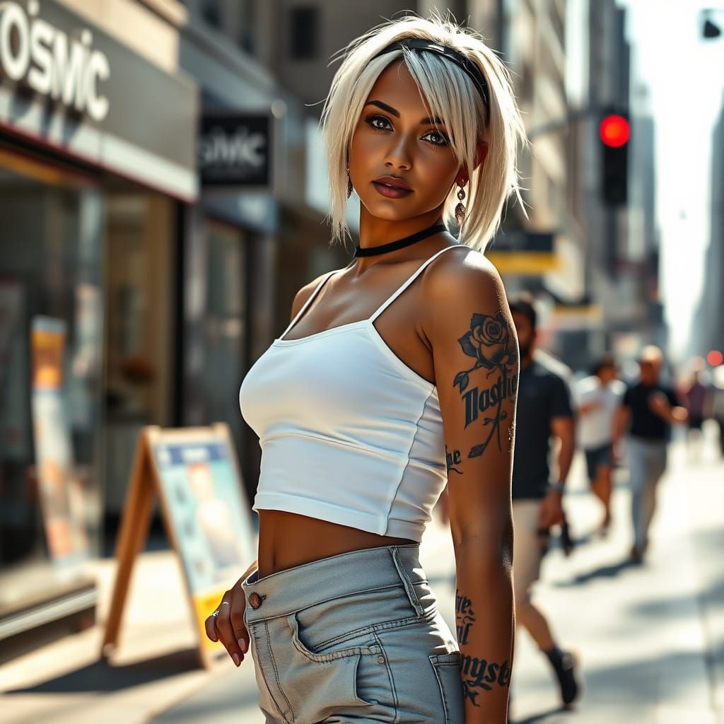 Edgy Indian Woman with Rose Tattoo in Urban Style