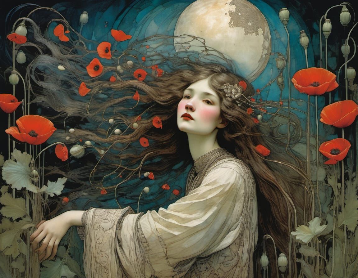 Isolated Red Poppy in Art Nouveau Style