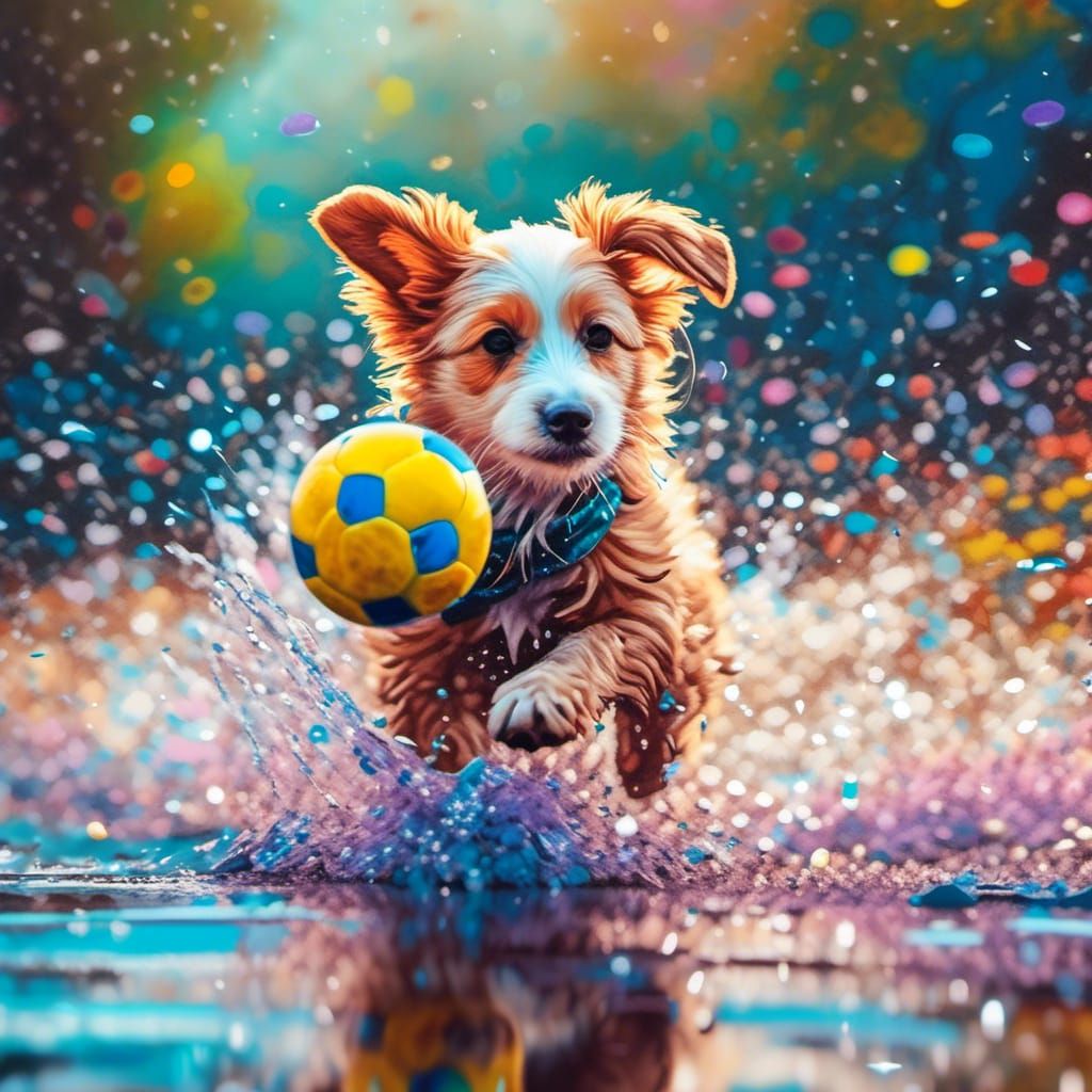 German Shepherd Puppy Playing Ball as Impressionist Art