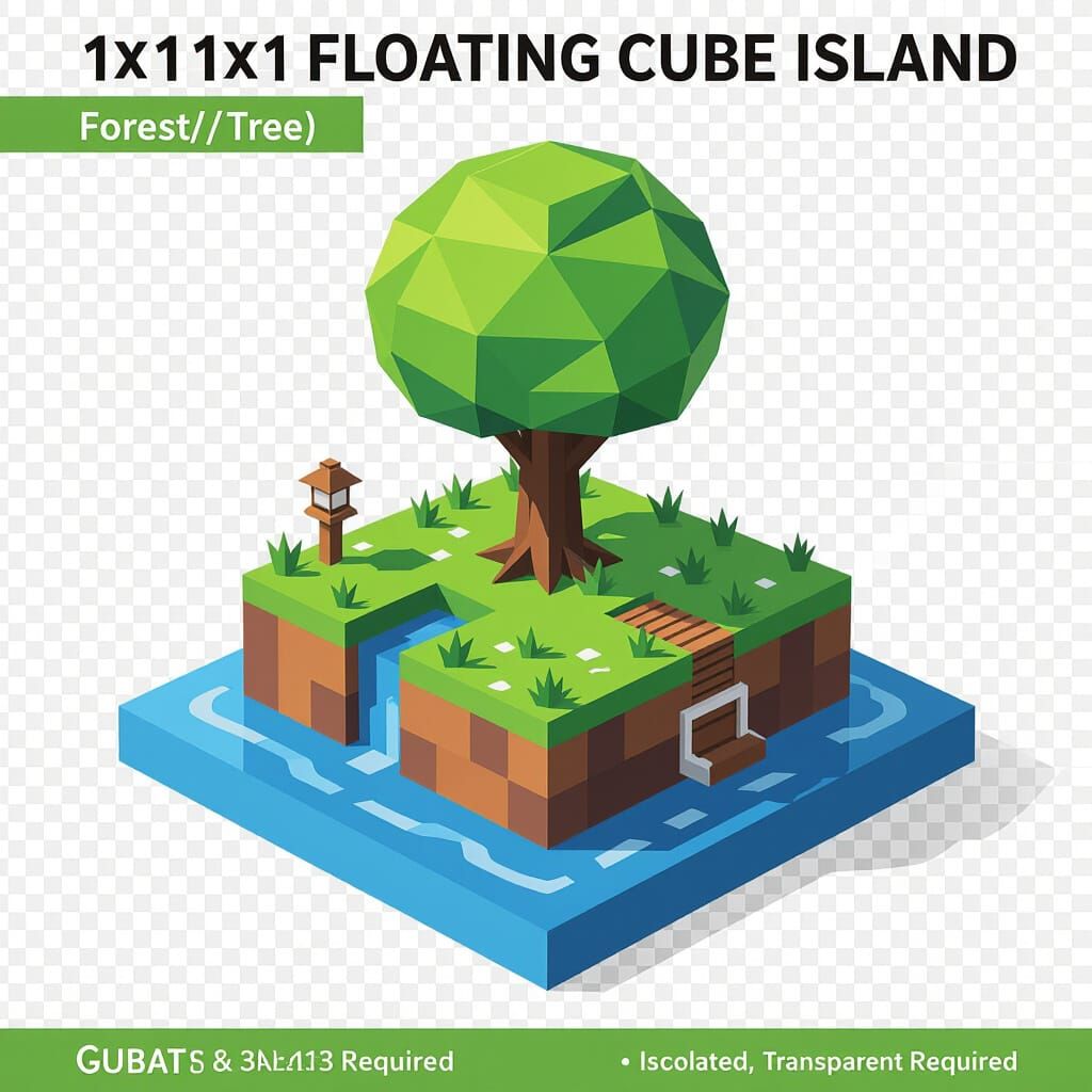 Low-Poly Floating Forest Cube Island 3D Asset