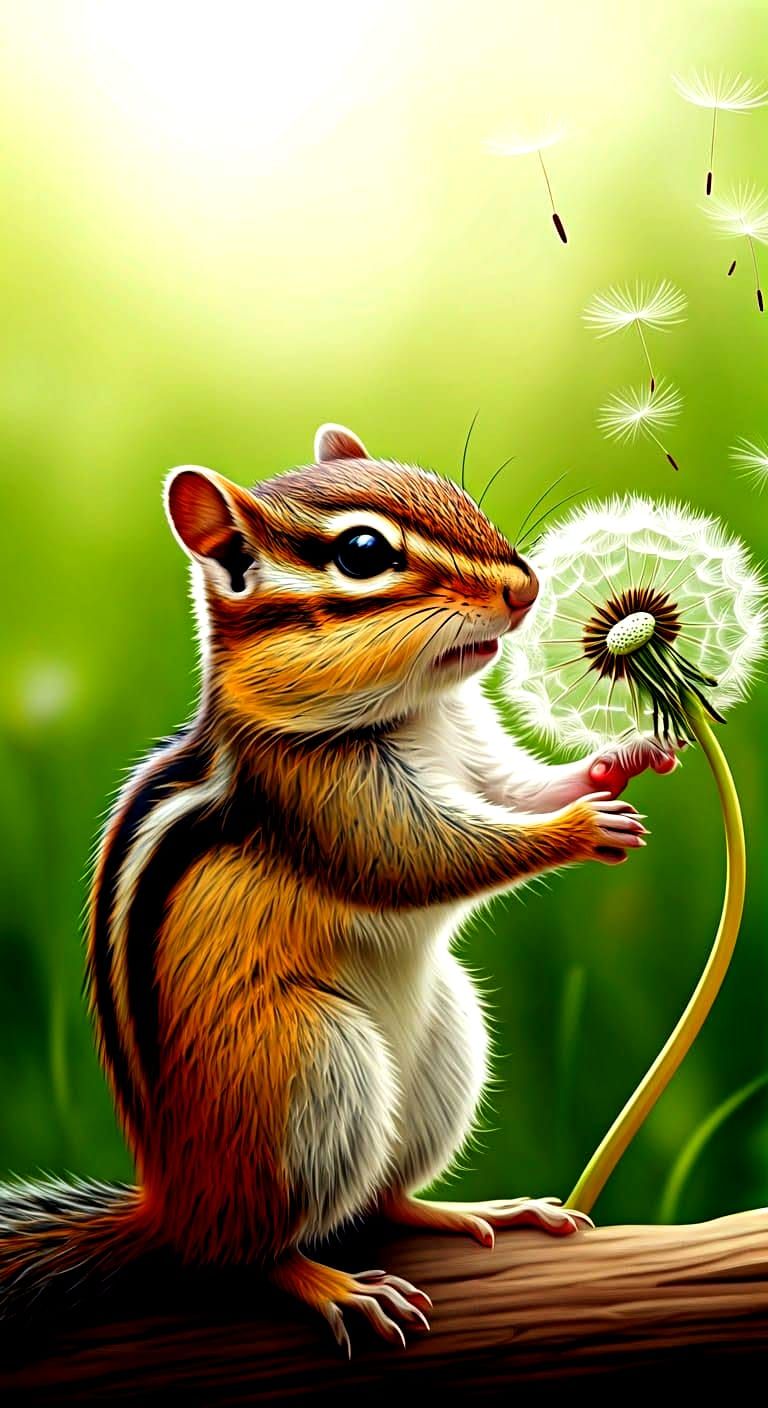 Chipmunk Plays with Dandelion Seeds in a Whimsical Garden Sc...