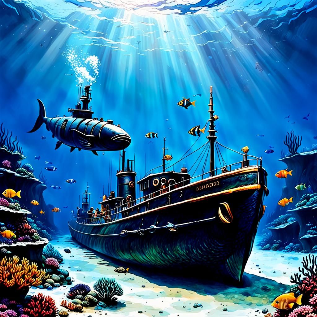 Underwater Shipwreck Scene with Historical Treasures