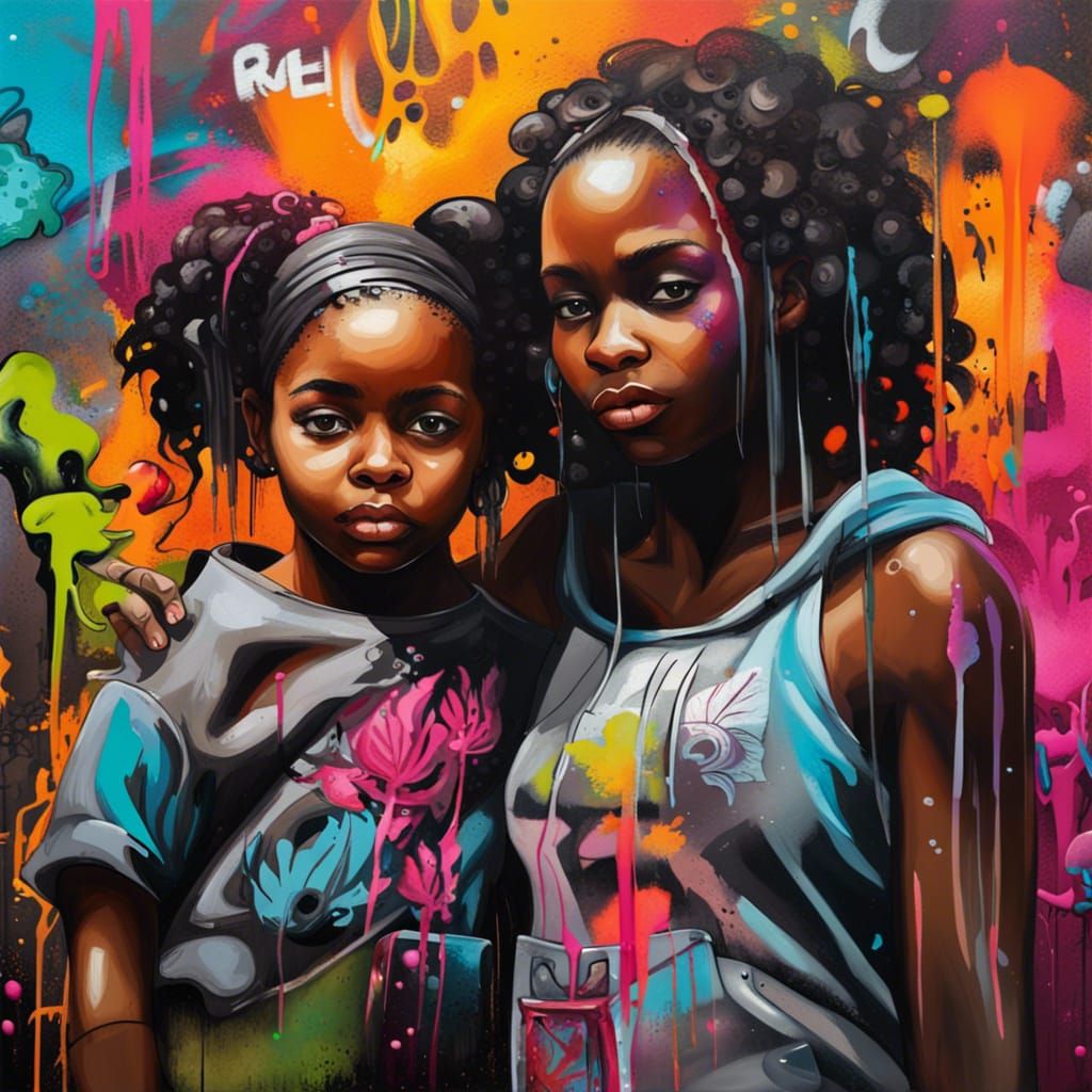 Black Girl with Mommy in Graffiti Art Style