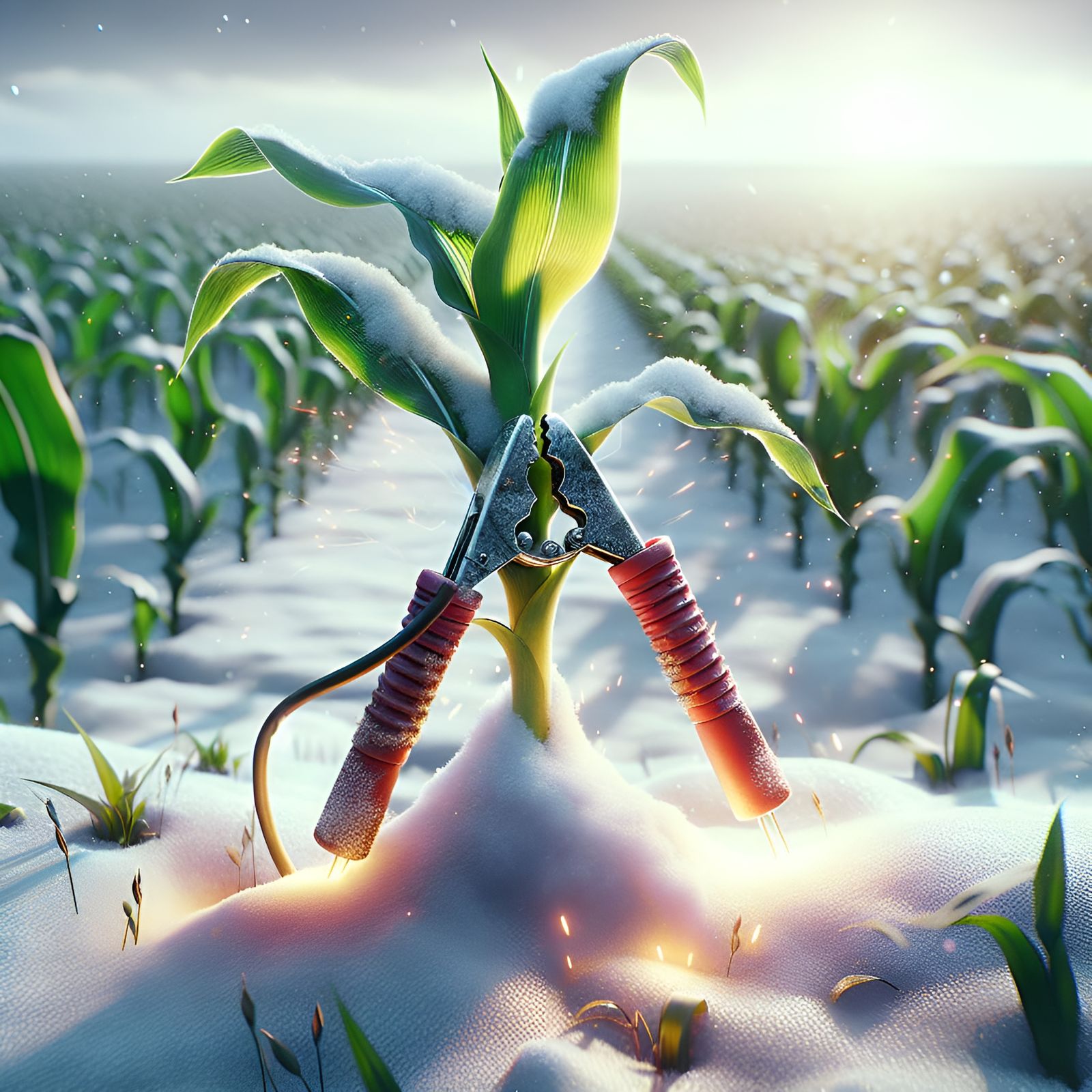 Corn Seedling Jumpstarted in Snowy Field