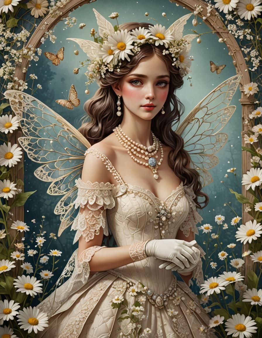 Winged Fairy with Pearl Necklace on Spring Daisies