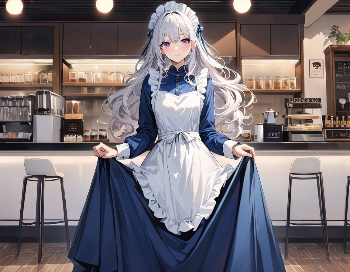 White-Haired Maid in Blue Dress at Cafe