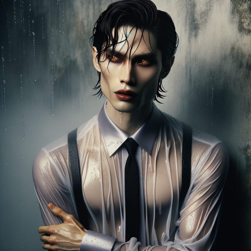 Androgynous Vampire in Rainstorm: Hyperrealistic Portrait