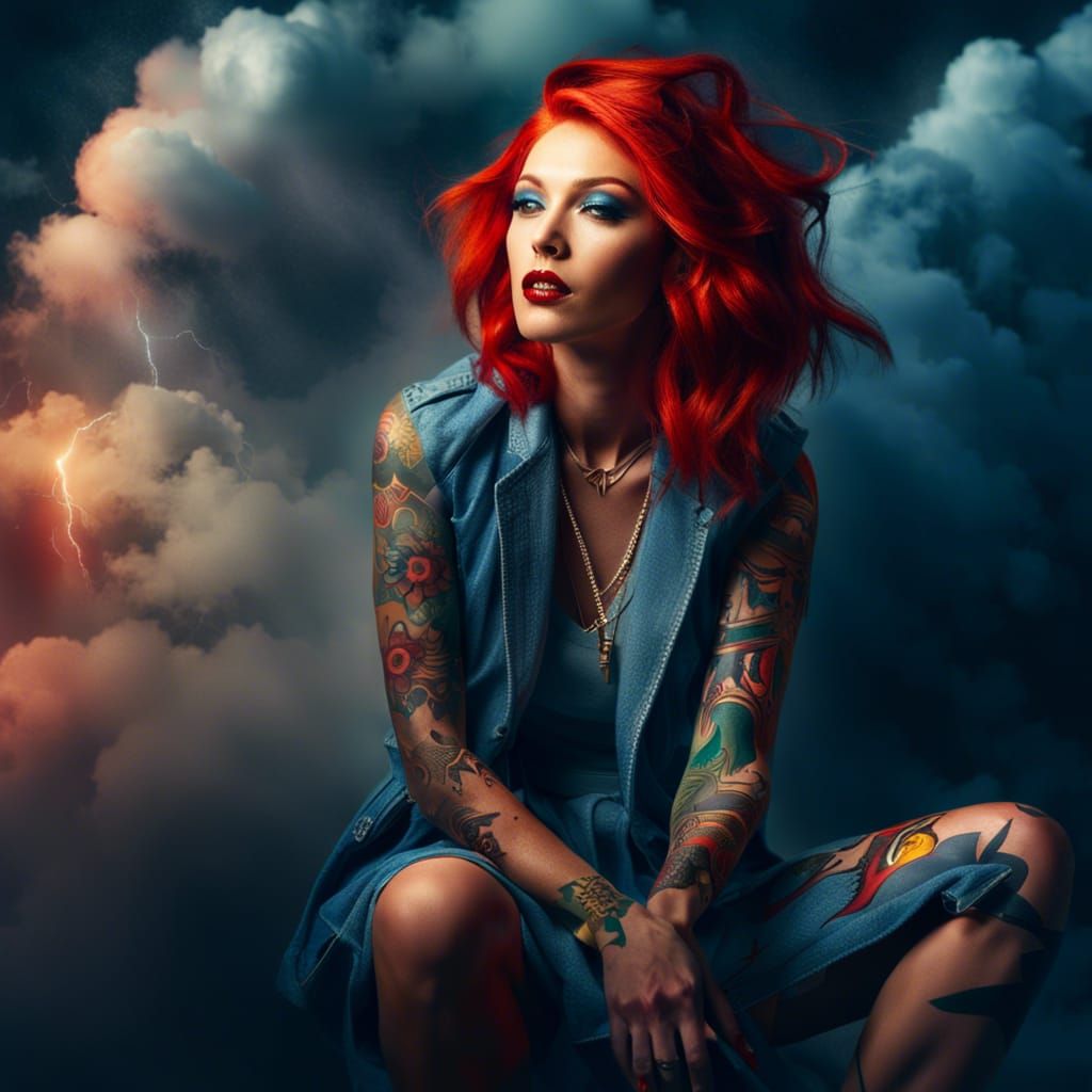 Pop Art Woman with Red Hair on Clouds