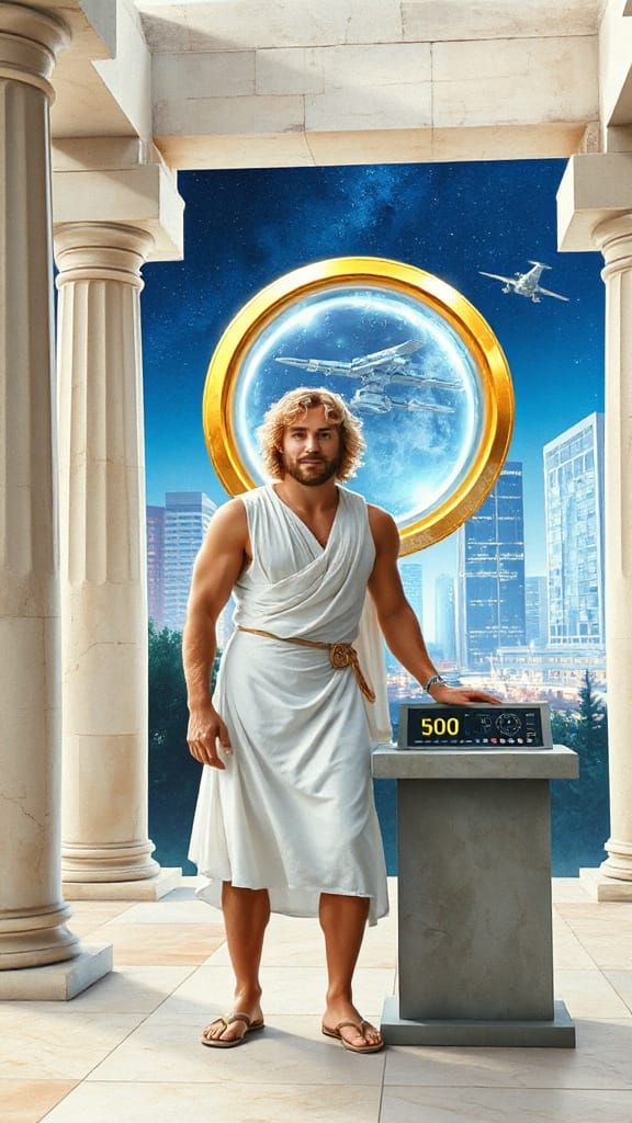 Ancient Greek Temple Time Machine in Gouache Style