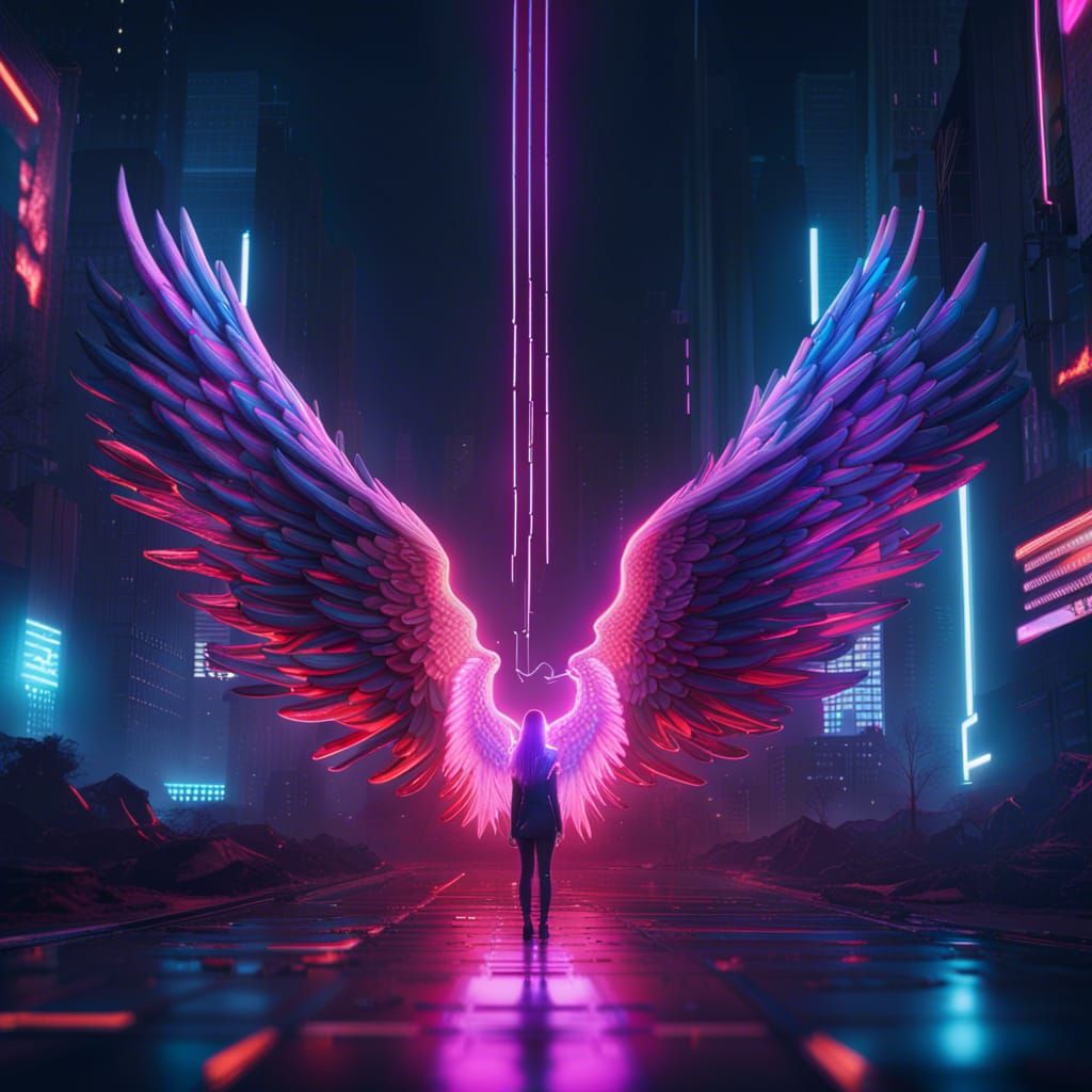 Neon DMIND in Cyberpunk Angel Wings Portrait