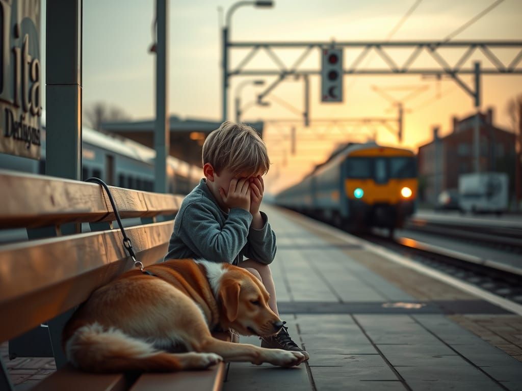 Lonely Boy Watches Train Depart in Desolate Station