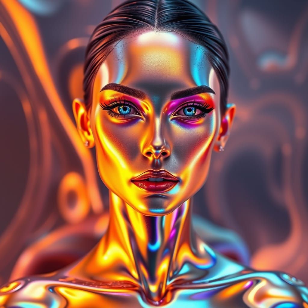 Majestic Futuristic Woman in Iridescent Hues and Metallic Ci...