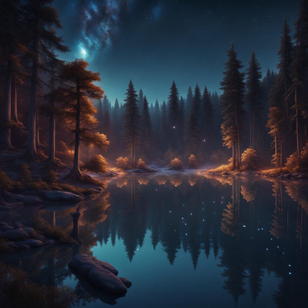 Night Sky Stars Over Forest Lake