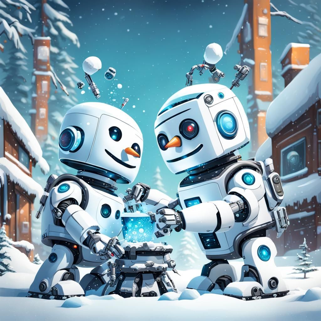 A group of playful robot toddlers building a snowbot in the ...