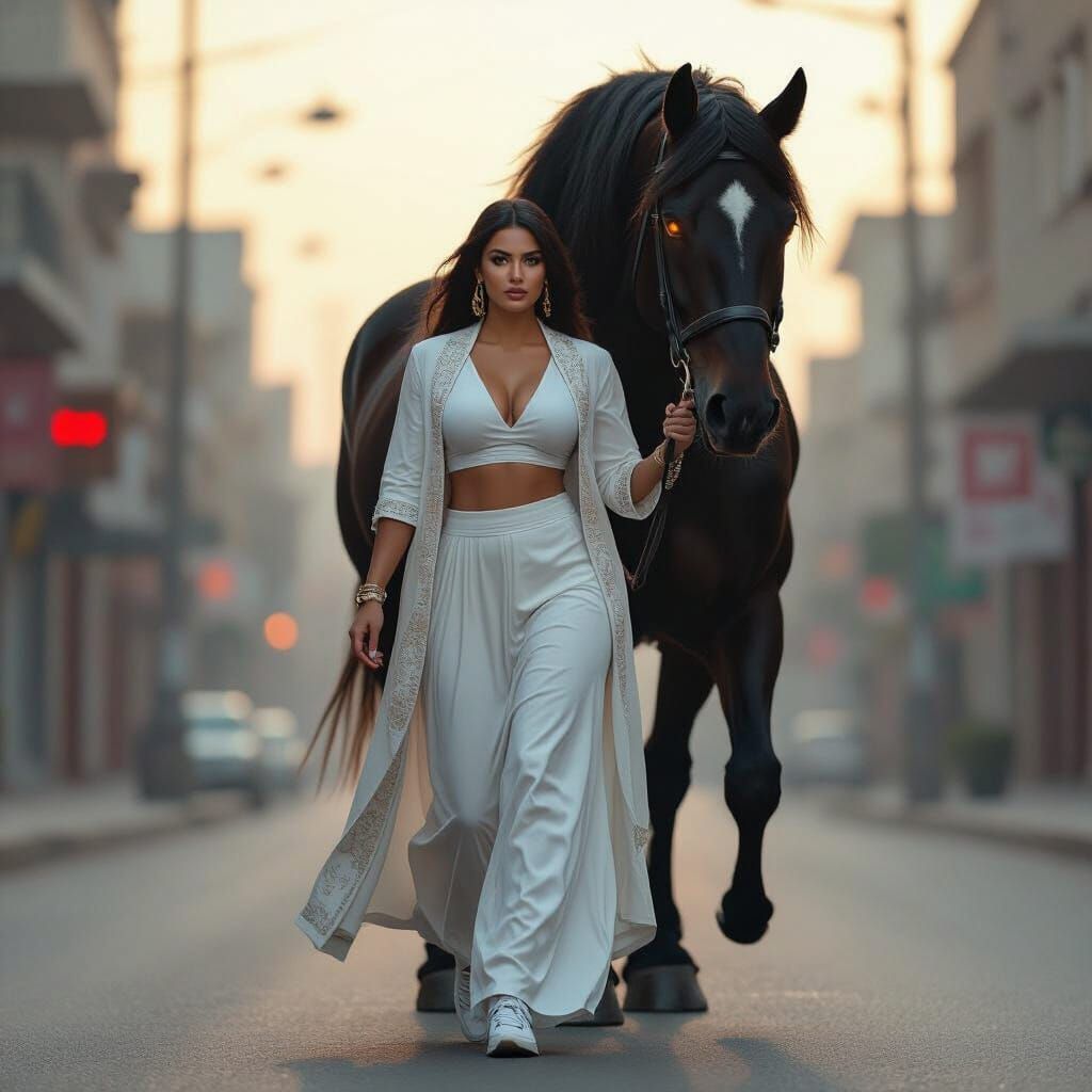 Confident Plus-Size Athlete with Stallion in City