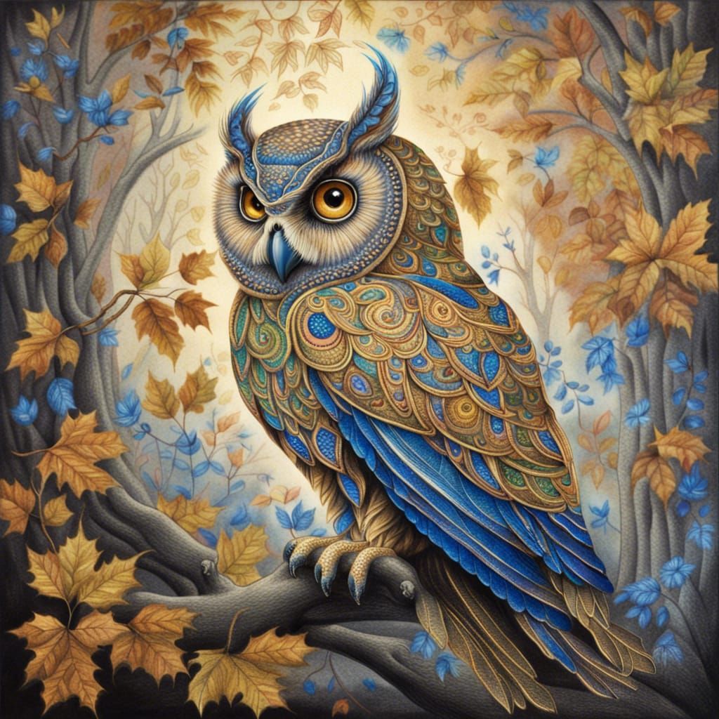 Golden Owl with Blue Swirls: Hyperdetailed Charcoal Drawing