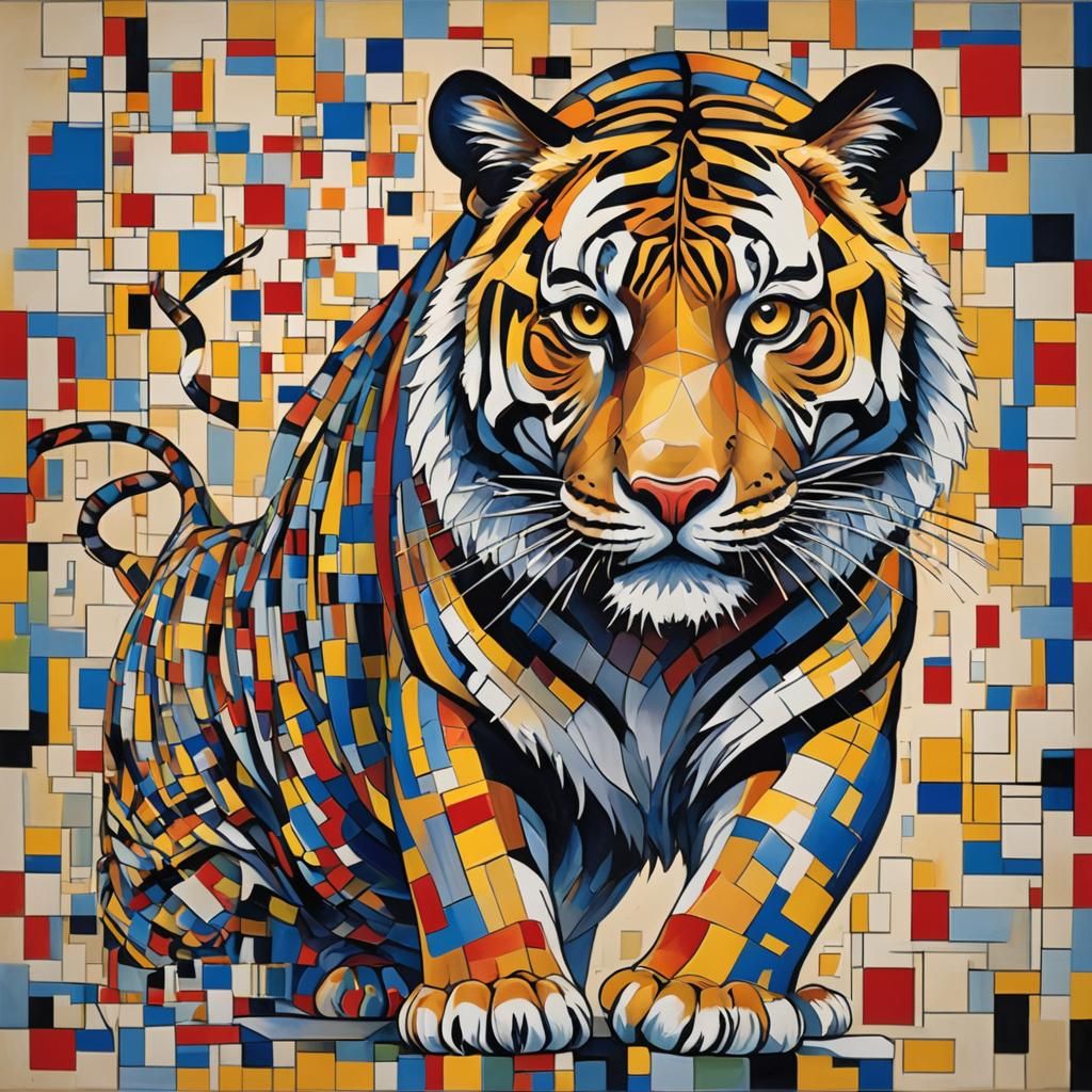 Abstract Tiger in Piet Mondrian Style