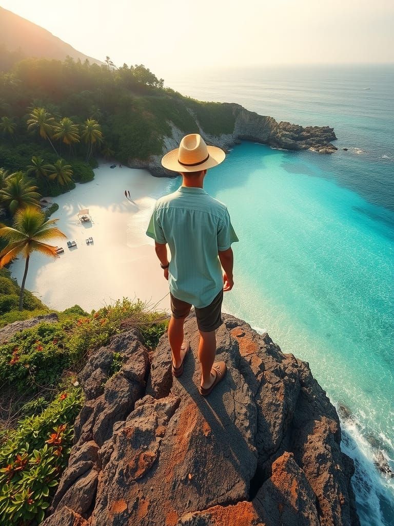 Serene Beach Scene with Figure in Hat