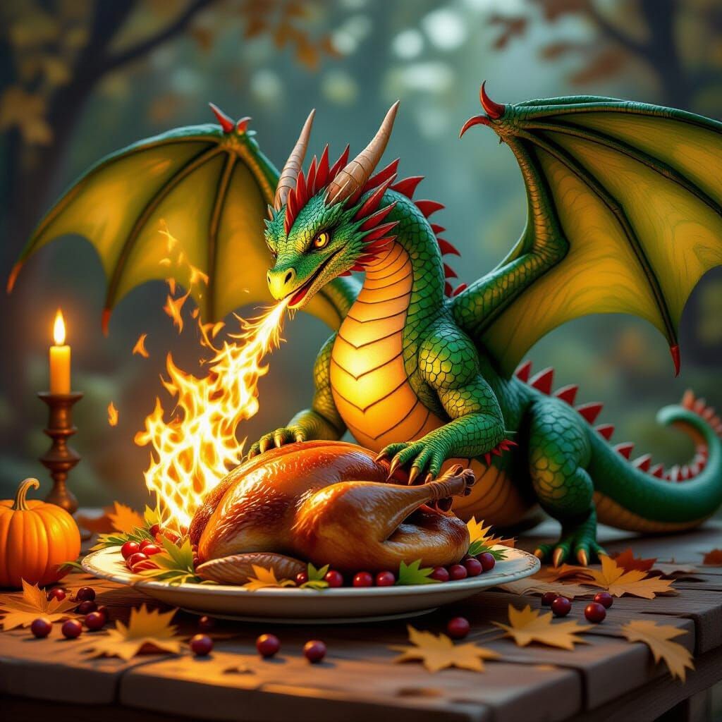 Dragon Roasts Thanksgiving Turkey with Fiery Breath