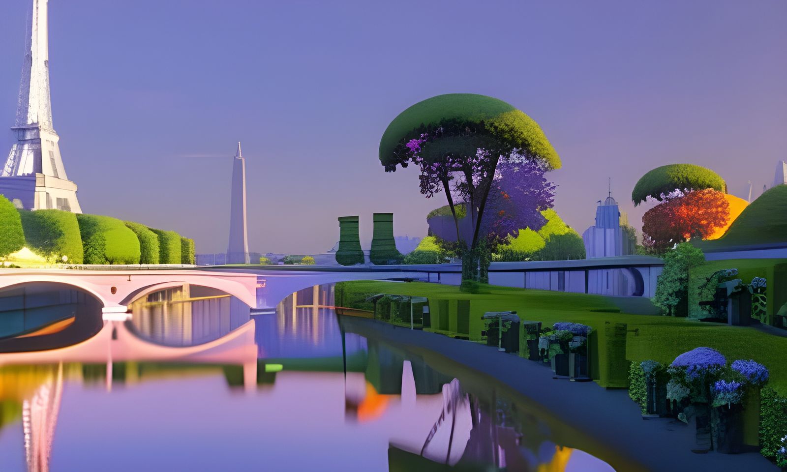 Retrofuturistic Paris Sunrise with Cyberpunk Elements