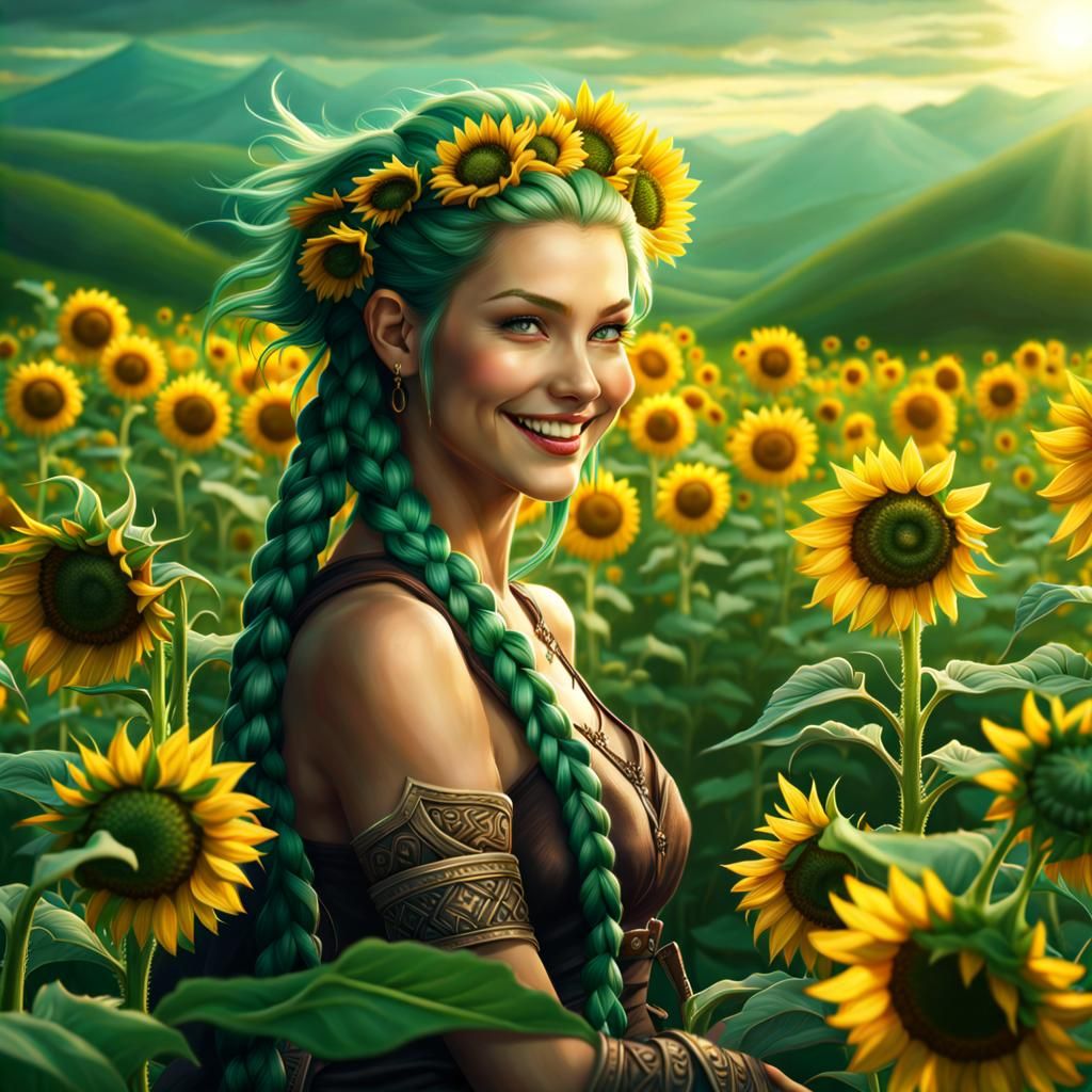Druid Girl with Fox in Sunflower Field