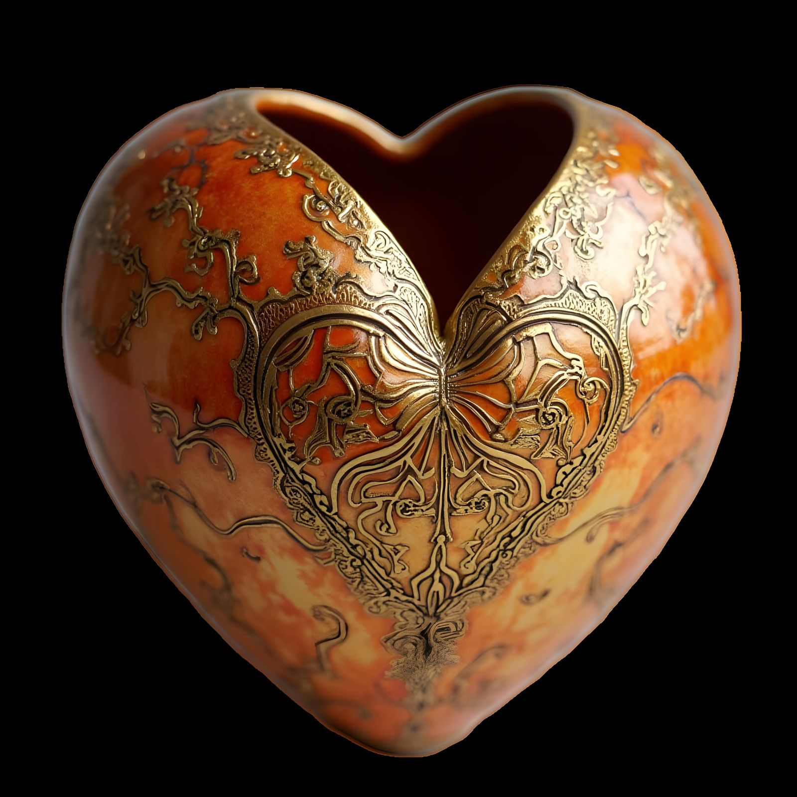 Luxurious Gold Plated Ceramic Heart in Fissured Filigree Sty...