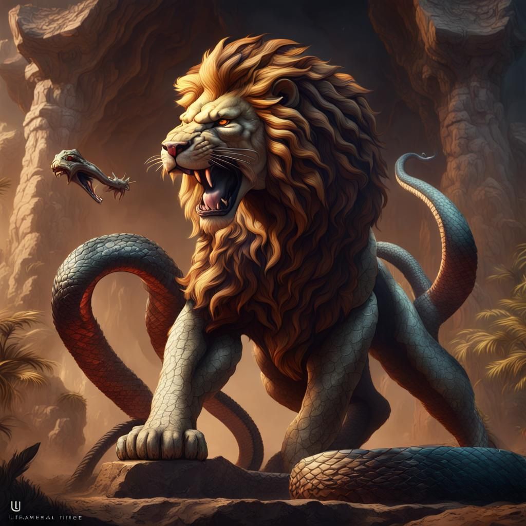 Lion and Snake Battle: Detailed Fantasy Art
