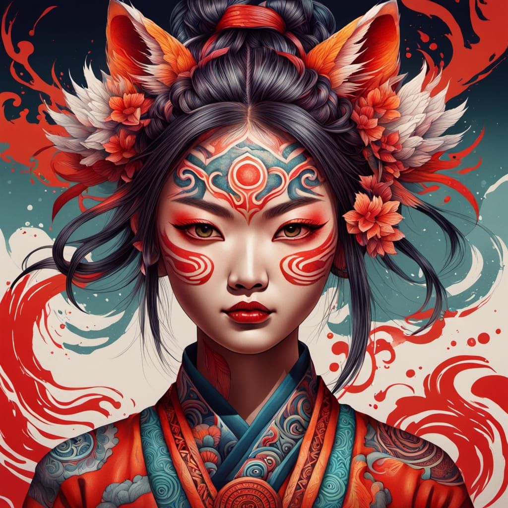 Kitsune Woman with Jomon Tattoos: Hyperrealistic Concept Art