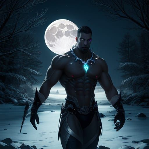 A luminous glowing outline beefcake backlit by moonlight in a beautiful full moon winter landscape, beads, quilling, pea...