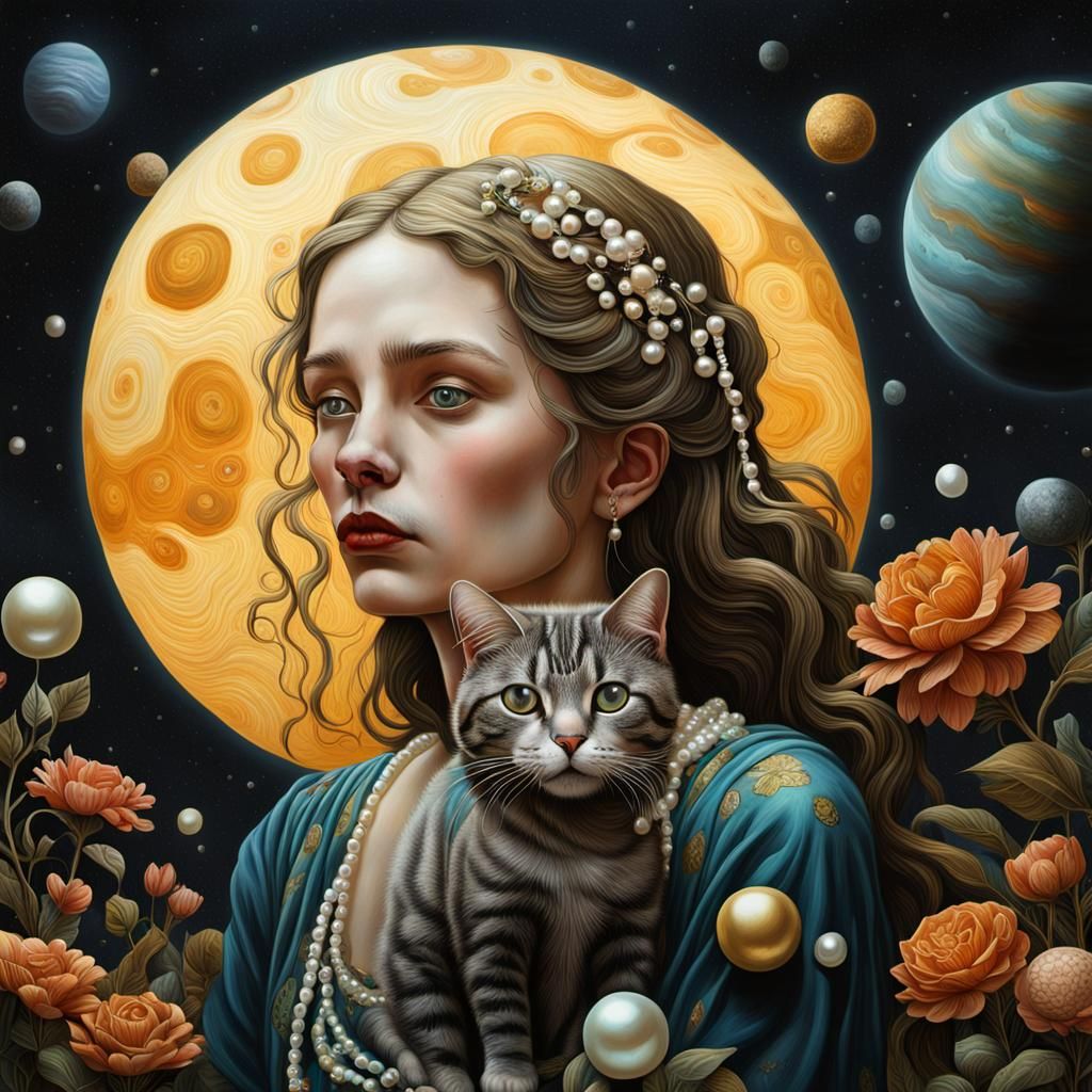 Planetary Sunset: Woman and Cat in Magical Realism