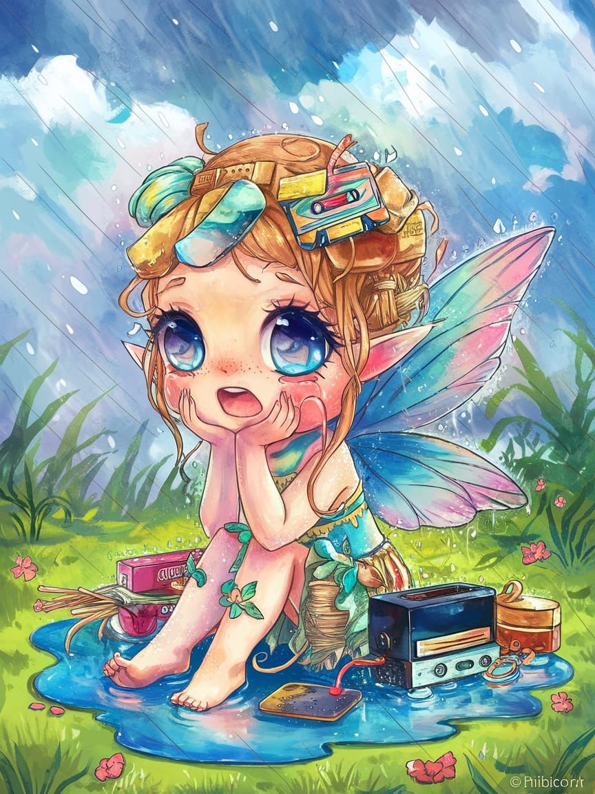 Chibi Fairy Cries in Ghanaian Rain, Made of Recycled Materia...