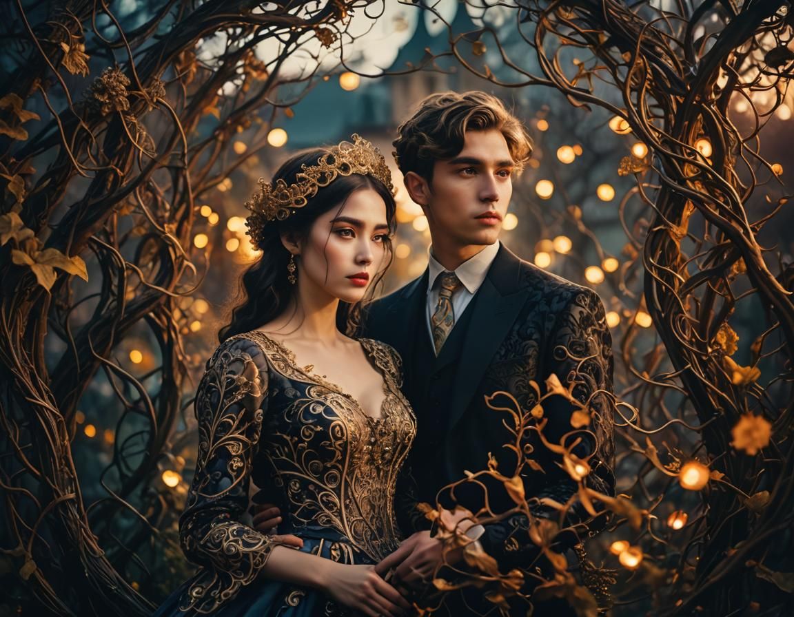 Romantic Dark Fantasy Couple in Golden Hour Lighting