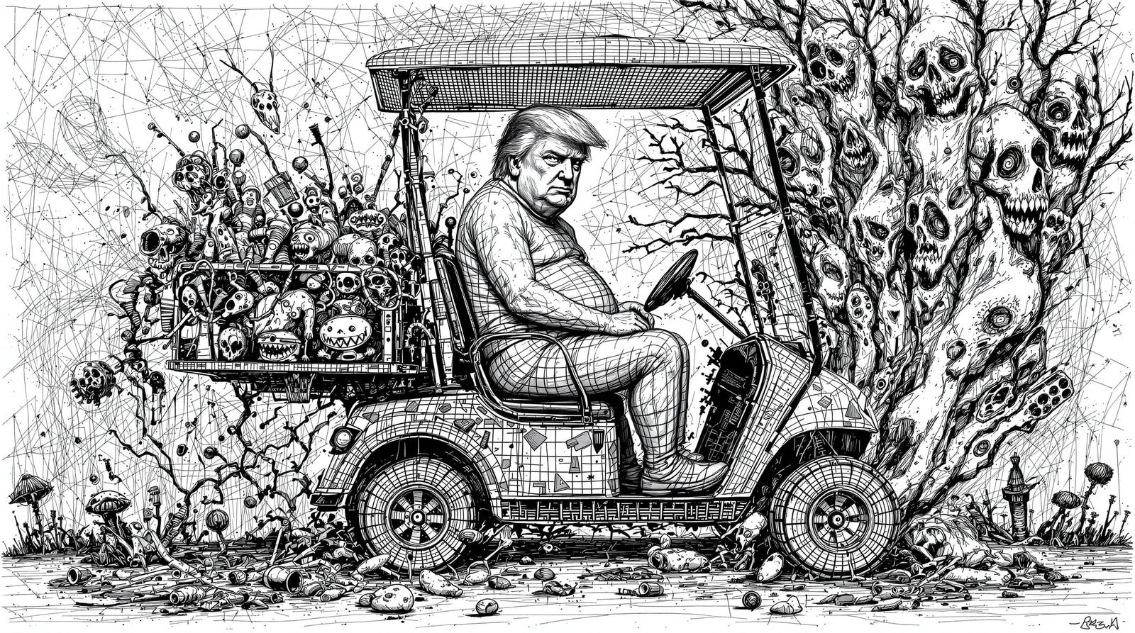 Surreal Line Drawing of Trump in Plaid Diaper on Golf Cart T...