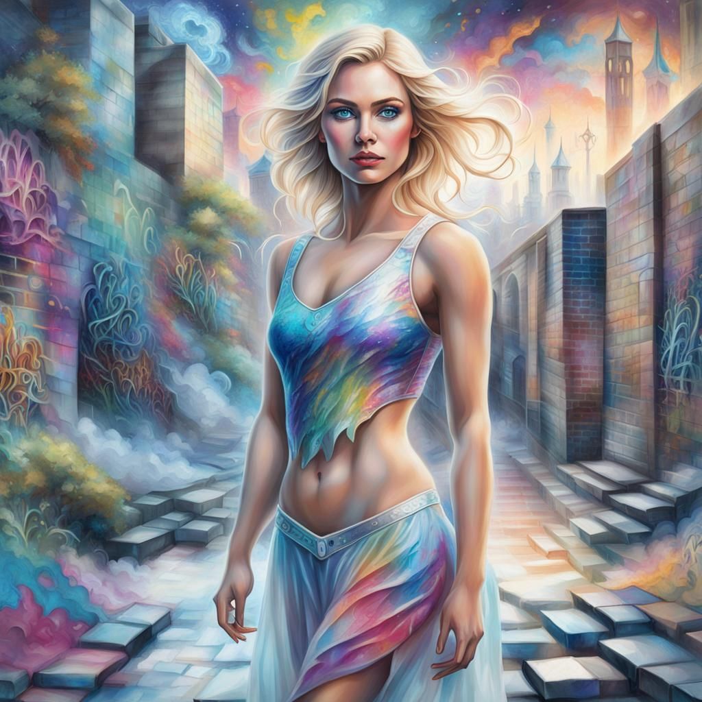 Young modern woman with flaxen blond hair and blue eyes