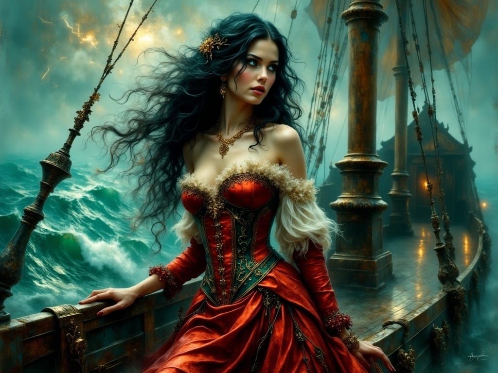 Mystical Pirate Siren in Crimson Corset and Dark Curls