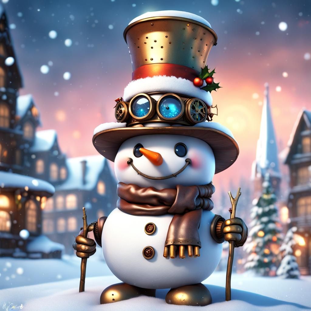 Detailed Steampunk Snowman in Winter Scene