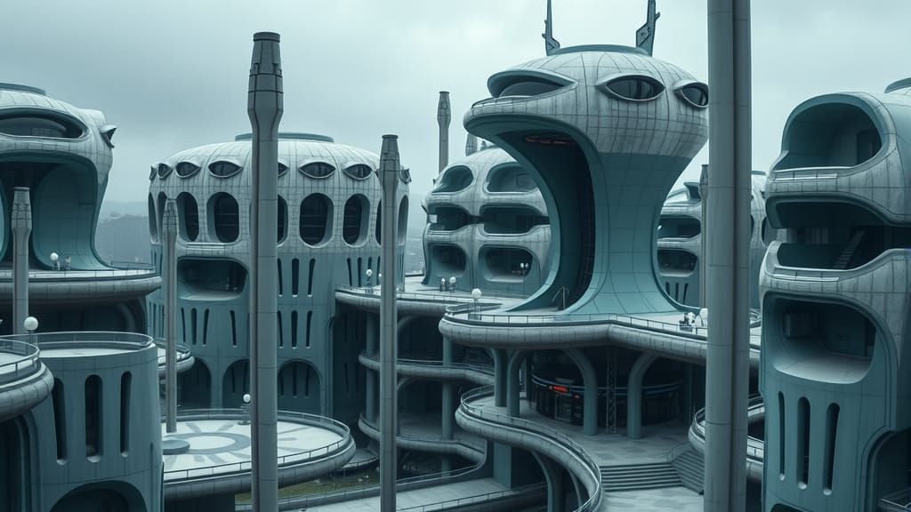 Epic Brutalist Alien Metropolis at Twilight