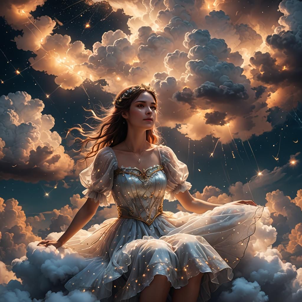 Girl on Cloud in Dreamy Night Sky
