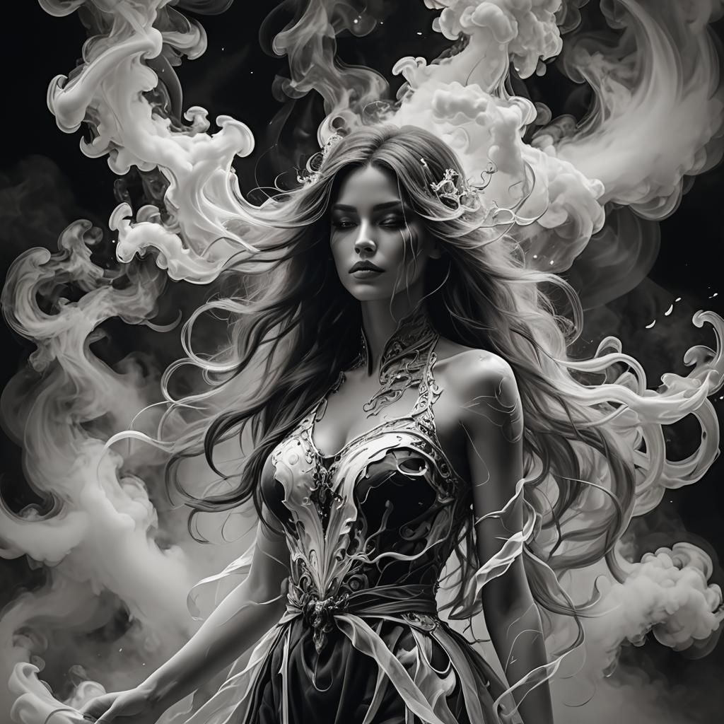 Monochrome Smoke Lady Art in Royo Style