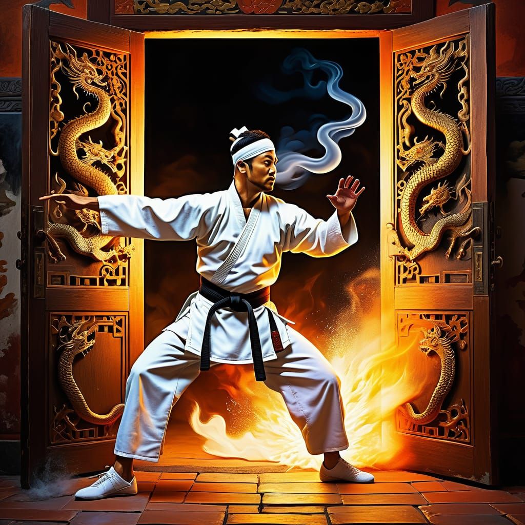 Martial Artist Kicks Through Door in Oil Painting Style