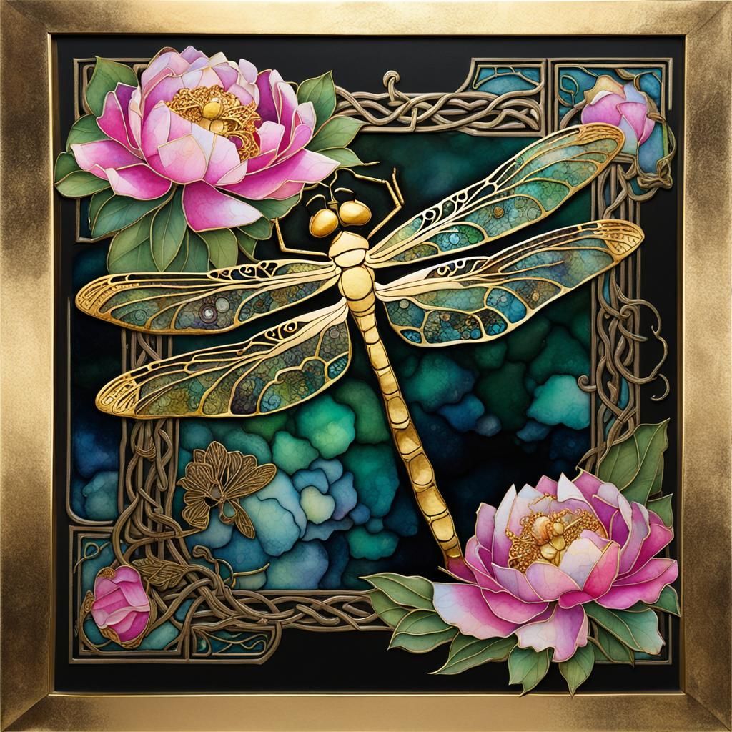 Celtic Dragonfly on Peony with Gold Leaf