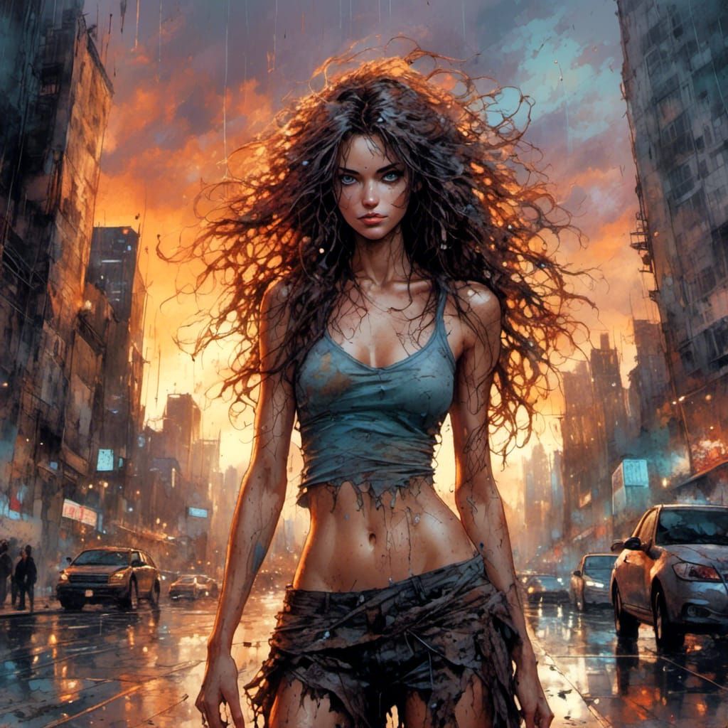 Anime Woman in Stormy Cityscape