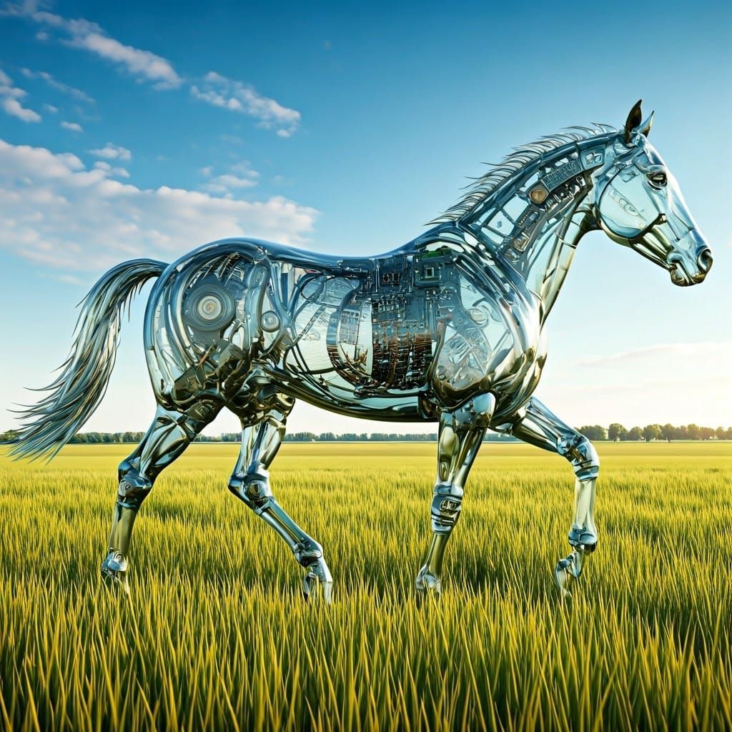 Cybernetic Horse Emerges from Futuristic Landscape