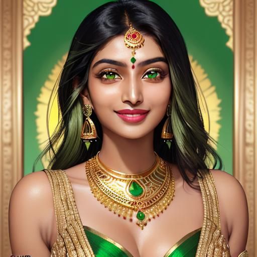 A South Asian woman with vibrant green eyes and a warm smile...